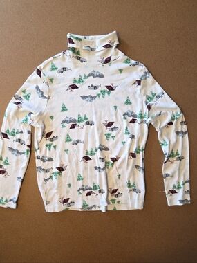 White Turtleneck Long-Sleeve Shirt with Camping Themed Print